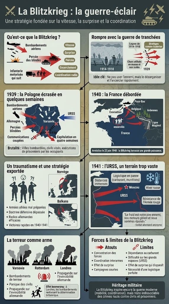 Infographie militaire simplifiée montrant le fonctionnement de la Blitzkrieg : coordination chars-avions, percée rapide et invasion de la Pologne et de la France.