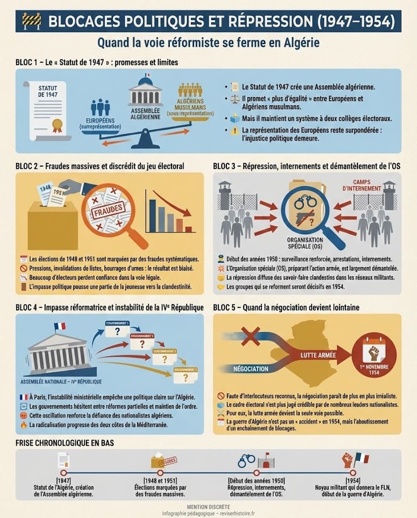 Infographie expliquant le Statut de 1947, le système à deux collèges, les fraudes électorales de 1948 et 1951, le démantèlement de l’Organisation spéciale et l’impasse réformatrice de la IVe République parmi les causes de la guerre d’Algérie.