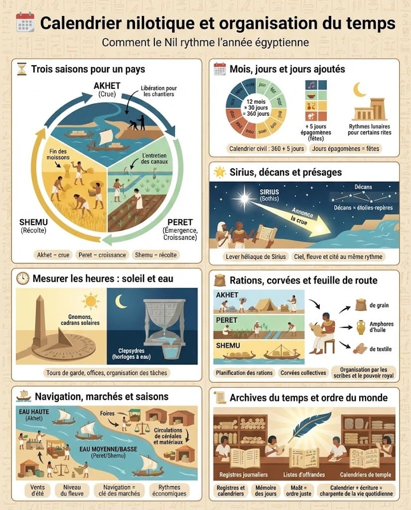 Infographie expliquant le calendrier nilotique en Égypte antique : trois saisons Akhet, Peret et Shemu, mois de 30 jours, 5 jours épagomènes, rôle de Sirius, instruments de mesure du temps et planification des travaux.