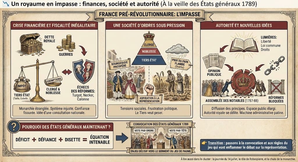 Infographie expliquant les causes de la Révolution française : la crise financière et la dette royale, la pression sociale sur le Tiers État face aux privilèges du clergé et de la noblesse, et l'autorité contestée de Louis XVI avant les États généraux de 1789.