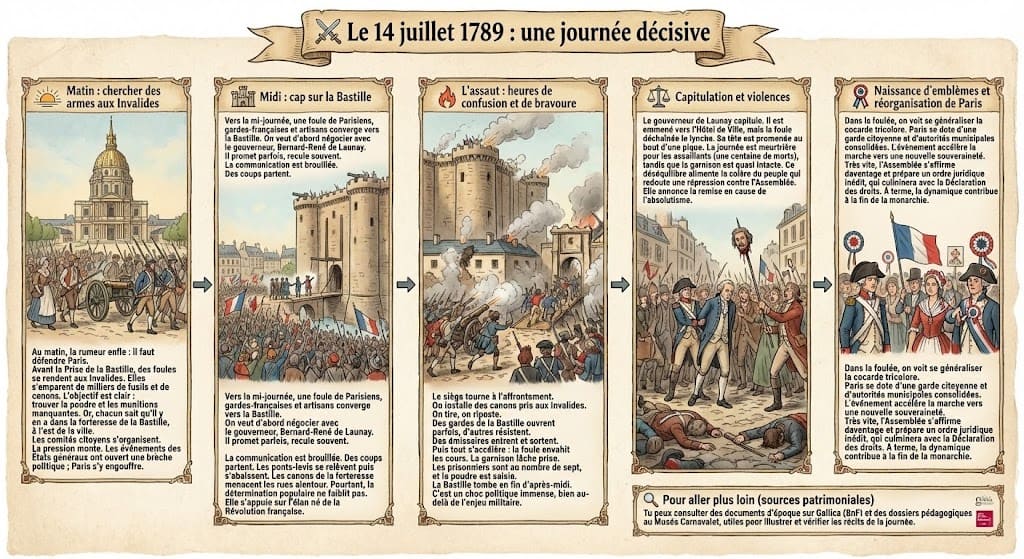 Infographie séquentielle montrant le déroulement heure par heure du 14 juillet 1789 : la recherche d'armes aux Invalides le matin, le siège et l'assaut de la forteresse de la Bastille, la capitulation du gouverneur de Launay et les premières conséquences politiques.