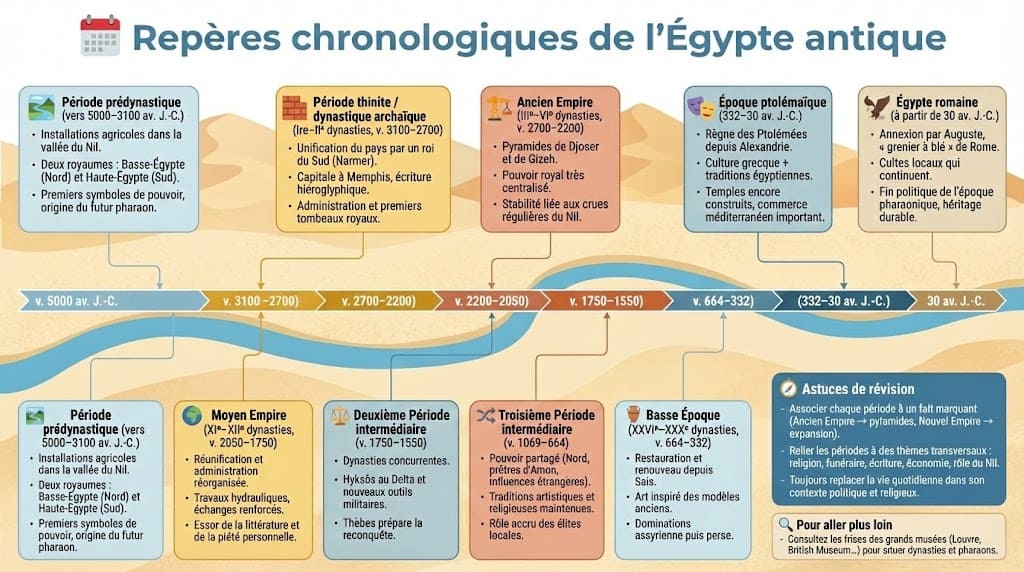 Infographie présentant une frise chronologique détaillée des périodes de l'Égypte antique, de la période prédynastique à l'Égypte romaine (5000 av. J.-C. à 30 av. J.-C.), incluant les principaux empires et dynasties.