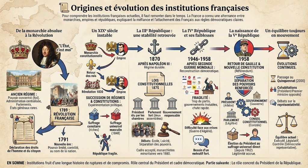 Infographie sous forme de frise chronologique illustrant l'histoire politique de la France, de la monarchie absolue de l'Ancien Régime à la stabilité de la Ve République, en passant par la Révolution et les différents empires.