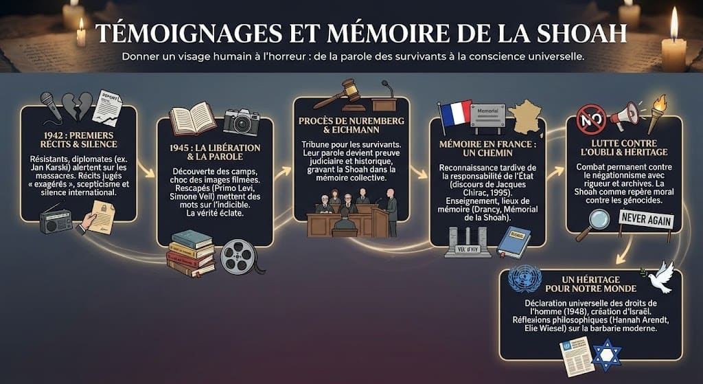 Infographie chronologique montrant la difficile émergence de la mémoire de la Shoah, des premiers récits ignorés pendant la guerre aux grands procès (Nuremberg, Eichmann) et à la lutte contre le négationnisme.