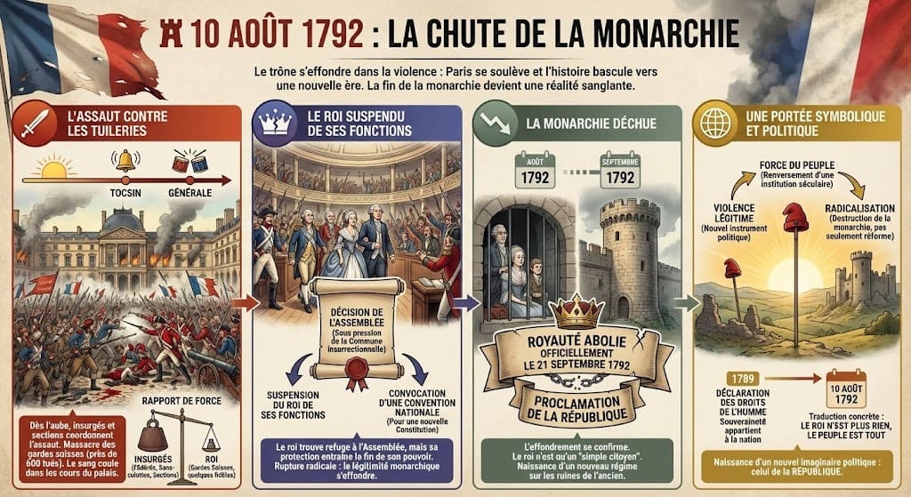 Infographie détaillée de la journée insurrectionnelle du 10 août 1792 : l'assaut sanglant du palais des Tuileries, le roi Louis XVI réfugié à l'Assemblée et suspendu de ses fonctions, son emprisonnement au Temple, et la proclamation ultérieure de la République.