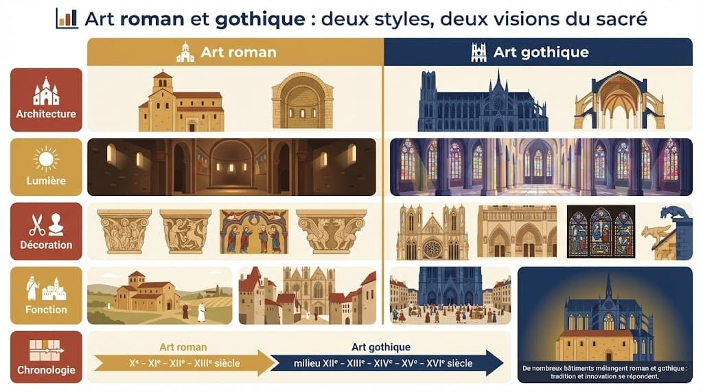 Infographie pédagogique sous forme de tableau comparatif entre l'art roman (Xe-XIIIe s.) et l'art gothique (XIIe-XVIe s.). Elle illustre les différences d'architecture (voûte en berceau vs croisée d'ogives), de lumière (église sombre vs cathédrale lumineuse avec vitraux), de décoration (chapiteaux vs façades sculptées) et de fonction sociale. Un exemple d'édifice mixte roman/gothique est en bas à droite.