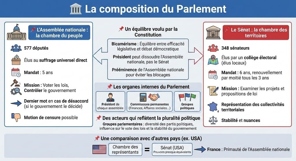 Schéma détaillant la composition du Parlement : l'Assemblée nationale (577 députés élus au suffrage direct) et le Sénat (348 sénateurs élus au suffrage indirect), illustrant l'équilibre entre représentation du peuple et des territoires.