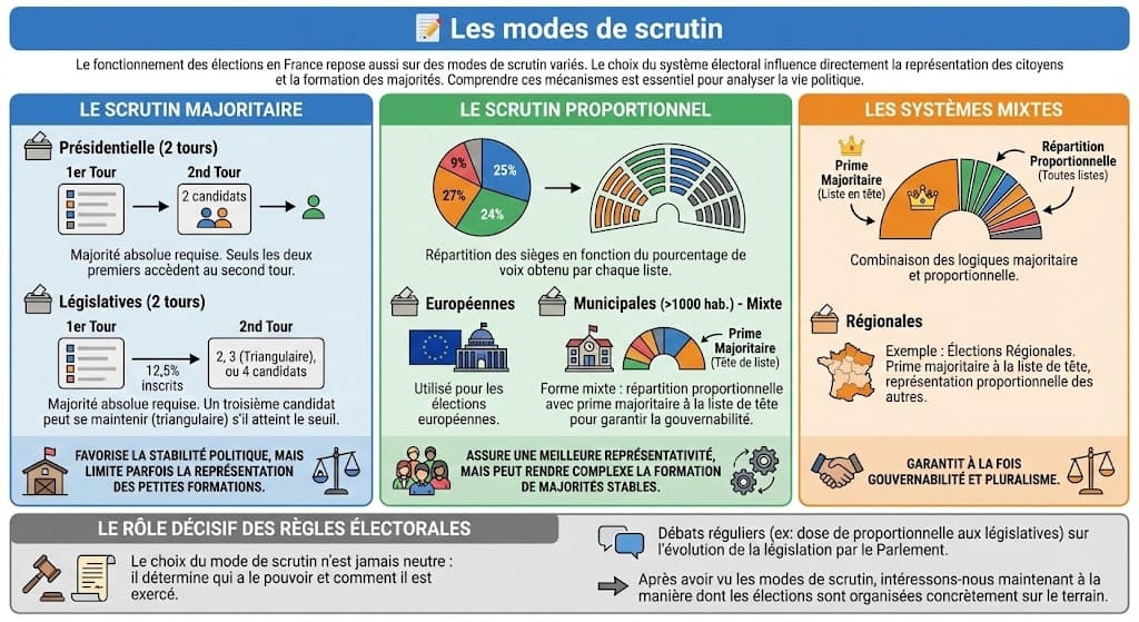 Explication visuelle des mécanismes et des effets des différents systèmes électoraux : le scrutin majoritaire à deux tours, la représentation proportionnelle et les systèmes mixtes.