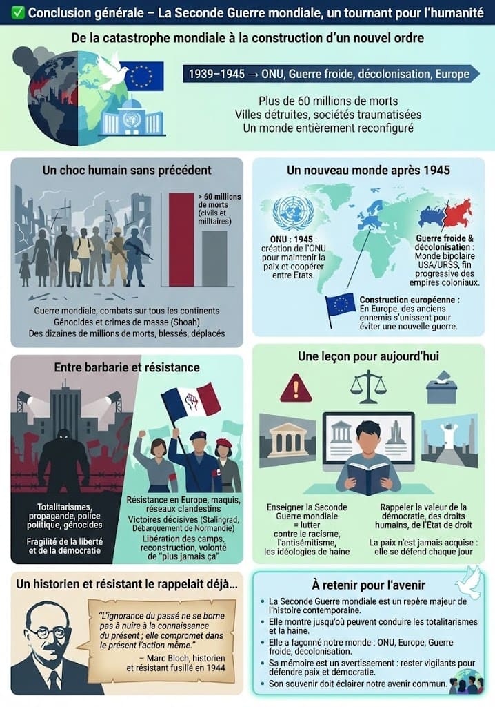 Fiche de révision résumant les enjeux de la guerre : conflit total, idéologique, génocidaire et matrice du monde contemporain.