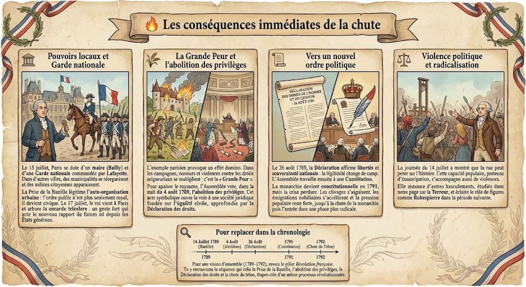 Infographie détaillant les conséquences immédiates de juillet 1789 : création de la Garde nationale et des pouvoirs locaux, la Grande Peur dans les campagnes, l'abolition des privilèges le 4 août, et la marche vers la radicalisation politique.