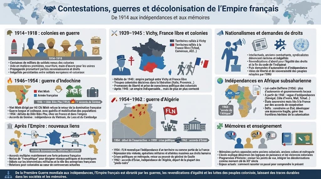 Infographie retraçant les principales étapes des contestations, des guerres coloniales et des décolonisations de l’Empire français, de la Première Guerre mondiale aux indépendances des années 1950-1960.