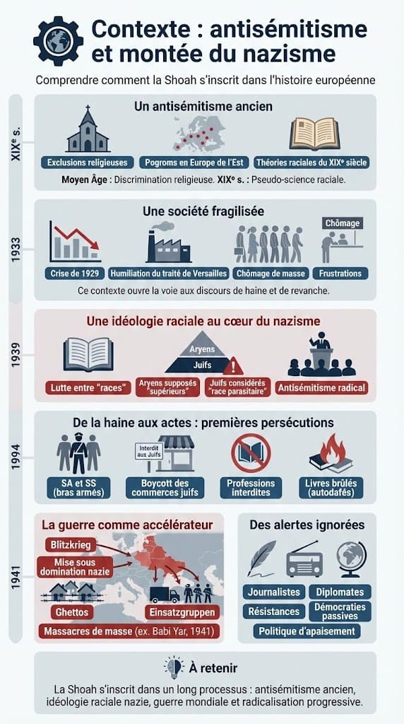 Infographie pédagogique détaillant le contexte historique de la Shoah : racines de l'antisémitisme, crise de 1929, idéologie raciale nazie, premières persécutions, radicalisation pendant la guerre et alertes ignorées.