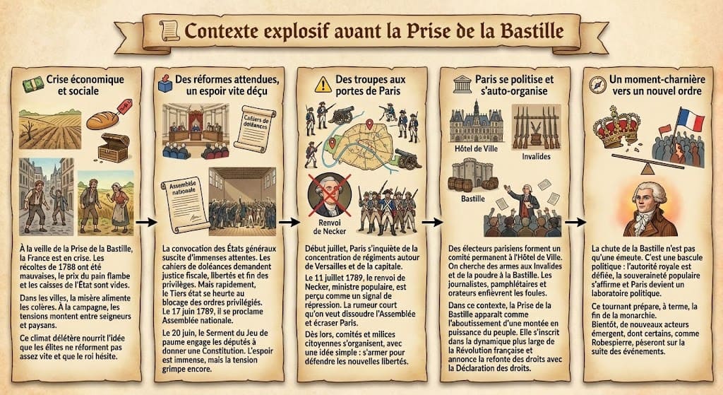 Infographie en cinq panneaux détaillant les causes de la Prise de la Bastille : crise économique et sociale, échec des réformes des États généraux, présence de troupes royales autour de Paris, et auto-organisation politique de la capitale en juillet 1789.