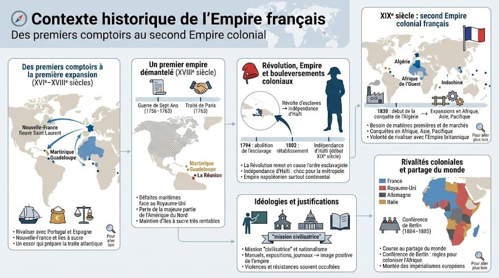 Infographie présentant le contexte historique de l’Empire colonial français, des premiers comptoirs du XVIe siècle aux rivalités impérialistes européennes du XIXe siècle.