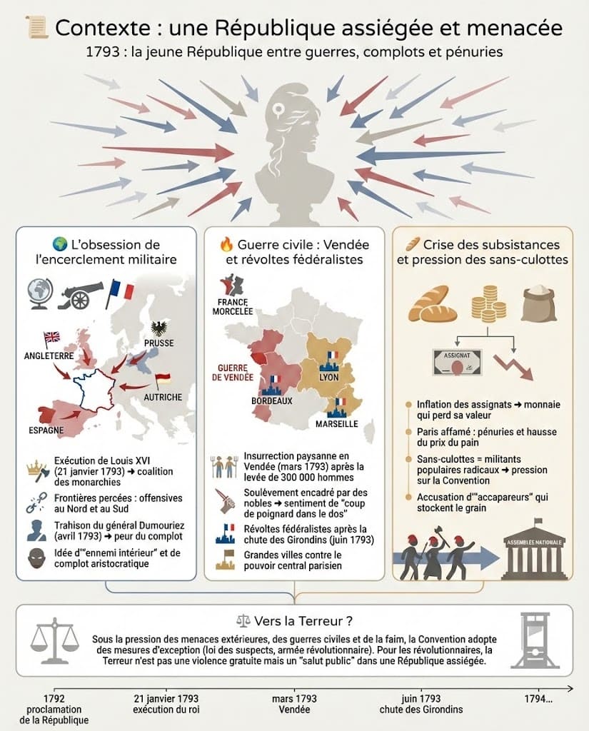 Infographie pédagogique expliquant les menaces pesant sur la jeune République française en 1793 : l'encerclement militaire par les monarchies européennes, la guerre civile en Vendée et les révoltes fédéralistes, ainsi que la crise des subsistances et la pression des sans-culottes.