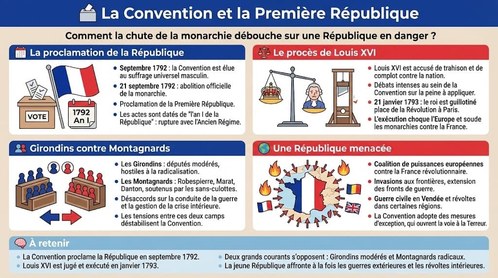 Infographie sur la naissance de la Première République en septembre 1792. Elle couvre sa proclamation par la Convention, le procès et l'exécution de Louis XVI, la lutte entre Girondins et Montagnards, et les menaces multiples (guerres extérieures, révolte de Vendée) pesant sur le nouveau régime.