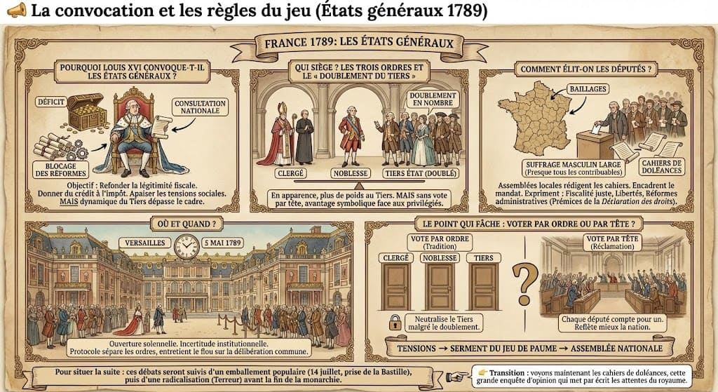 Schéma explicatif sur les États généraux de 1789 : les objectifs de Louis XVI face au déficit, la composition des trois ordres et le 