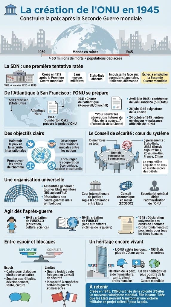 Schéma du fonctionnement de l’ONU : Conseil de sécurité, Assemblée générale et objectifs de maintien de la paix après 1945.