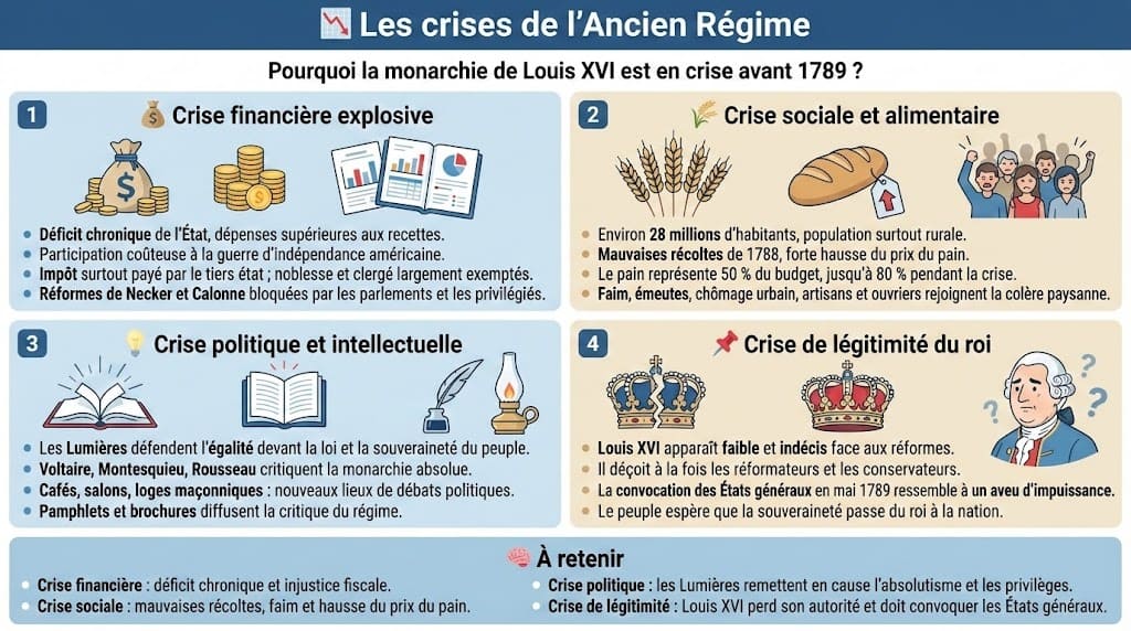 Infographie éducative style flat design expliquant les causes de la Révolution française. Elle détaille la crise financière explosive de l'État, la crise sociale et alimentaire (hausse du prix du pain), la crise politique avec l'influence des Lumières, et la crise de légitimité du roi Louis XVI, menant à la convocation des États généraux.