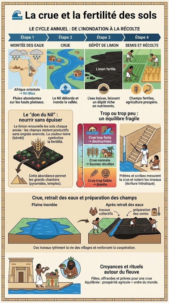 Infographie expliquant le cycle annuel de la crue du Nil : montée des eaux, inondation, dépôt du limon fertile, et période de semis. Elle montre l'équilibre fragile de la crue et son lien avec la fertilité des sols, les croyances et le travail agricole.