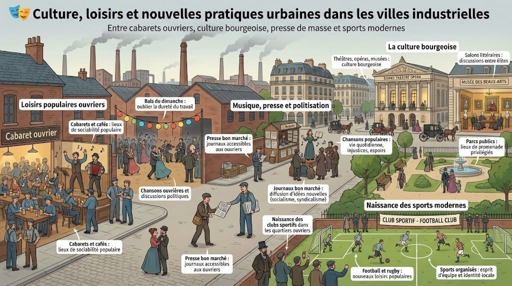 Illustration pédagogique de type infographie divisée en quatre zones dans une ville industrielle du XIXe siècle avec des usines en arrière-plan. À gauche, les loisirs populaires ouvriers avec un cabaret animé et un bal extérieur. Au centre, la diffusion de la presse, des idées politiques et des chansons populaires. À droite, la culture bourgeoise avec un grand opéra, un musée des beaux-arts et un parc public. En bas, la naissance des sports modernes avec un match de football sur un terrain aménagé.