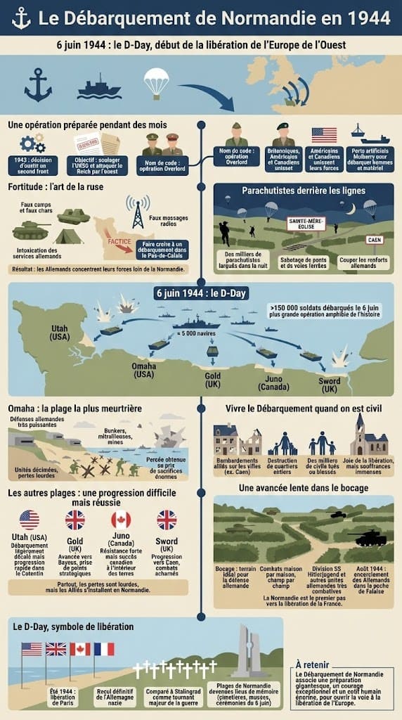 Carte des plages du débarquement (Utah, Omaha, Gold, Juno, Sword), opération Overlord et libération progressive de la Normandie.