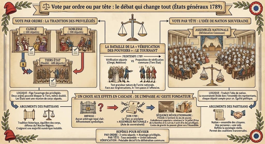 Comparaison visuelle des deux logiques s'affrontant en 1789 : le vote par ordre (tradition favorisant les privilégiés) contre le vote par tête (revendication du Tiers État au nom de la nation), menant à la bataille de la vérification des pouvoirs.