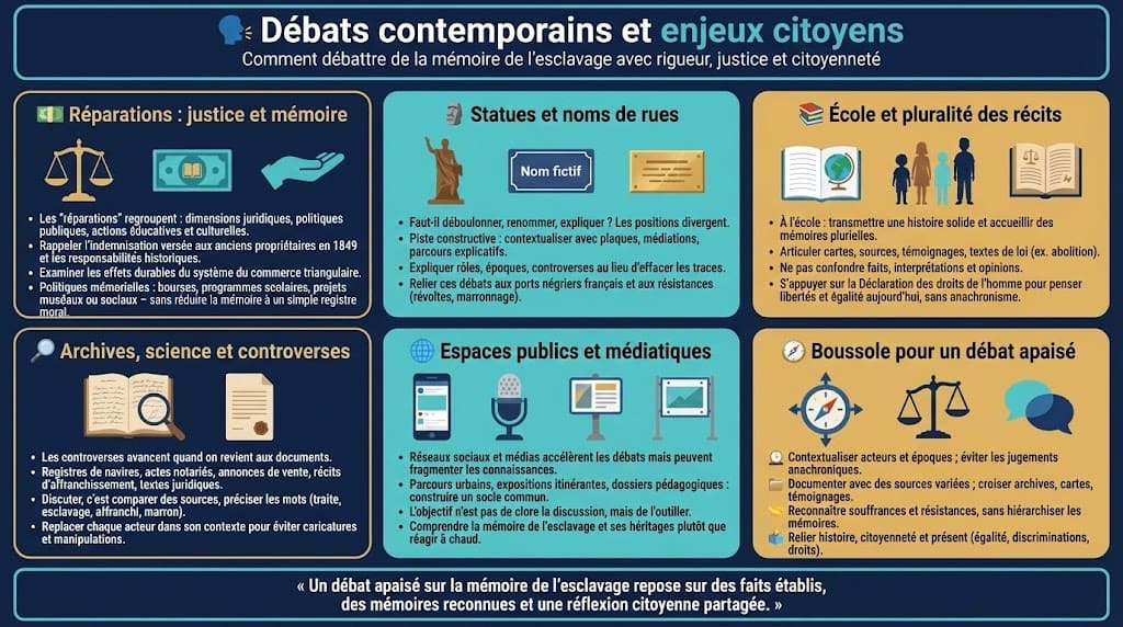 Infographie pédagogique présentant les débats contemporains sur la mémoire de l’esclavage, autour des réparations, des statues et noms de rues, de l’école, des archives, des médias et d’une boussole pour un débat apaisé.