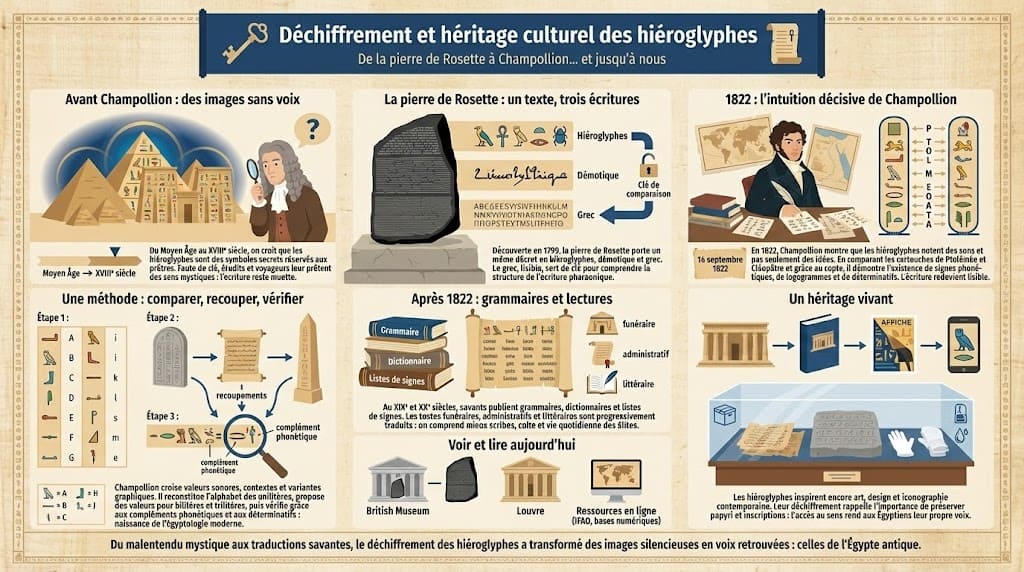 Infographie retraçant l’histoire du déchiffrement des hiéroglyphes, de la pierre de Rosette à Champollion en 1822, puis le développement de l’égyptologie et l’influence culturelle des hiéroglyphes jusqu’à aujourd’hui.