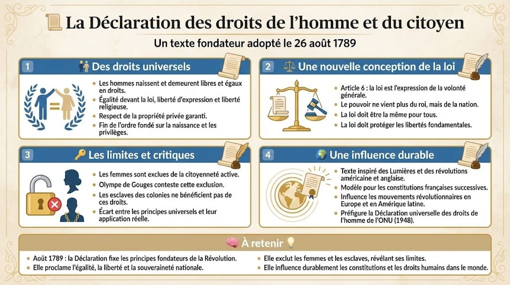 Infographie style parchemin présentant la DDHC du 26 août 1789. Elle résume les droits universels proclamés (liberté, égalité, propriété), la nouvelle conception de la loi issue de la nation, les limites (exclusion des femmes et des esclaves) et l'influence mondiale de ce texte.