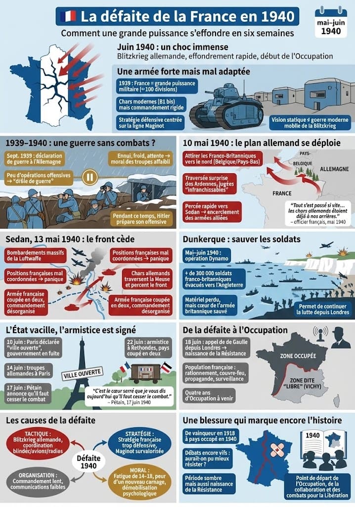 Infographie expliquant la débâcle de 1940 : comparaison des armées, percée allemande à Sedan, évacuation de Dunkerque, armistice et carte de la France divisée.