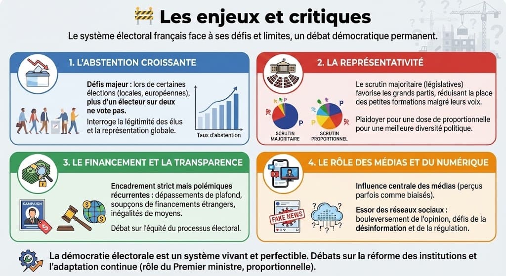 Résumé visuel des principaux débats contemporains sur les élections : la hausse de l'abstention, le manque de représentativité, la transparence du financement et l'influence des médias et du numérique.