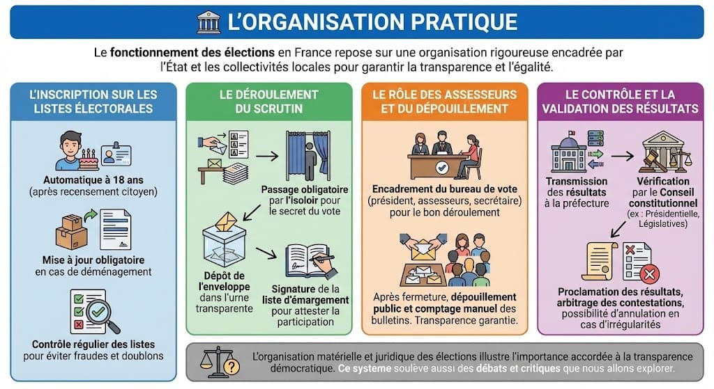 Étapes clés de l'organisation d'un vote en France : l'inscription sur les listes, le parcours dans le bureau de vote (isoloir, urne), le rôle des assesseurs lors du dépouillement et la validation des résultats.