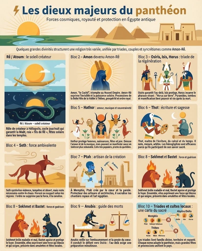 Infographie présentant les principales divinités du panthéon égyptien (Rê, Amon, Osiris, Isis, Horus, Hathor, Thot, Ptah, Sekhmet, Bastet, Anubis) avec leurs attributs, leurs rôles et les grandes triades locales.