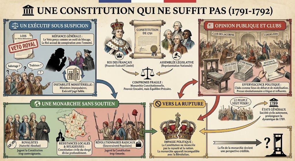 Schéma expliquant les faiblesses de la Constitution de 1791 : la méfiance envers le veto royal, l'influence des clubs politiques (Jacobins, Cordeliers), l'absence de soutien social et religieux, menant à l'impasse politique.