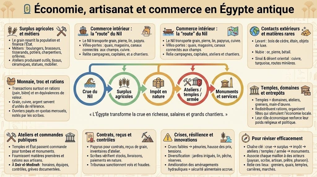 Schéma du circuit économique en Égypte antique illustrant le lien entre surplus agricoles, artisanat (ateliers) et commerce fluvial et extérieur (troc, échanges).