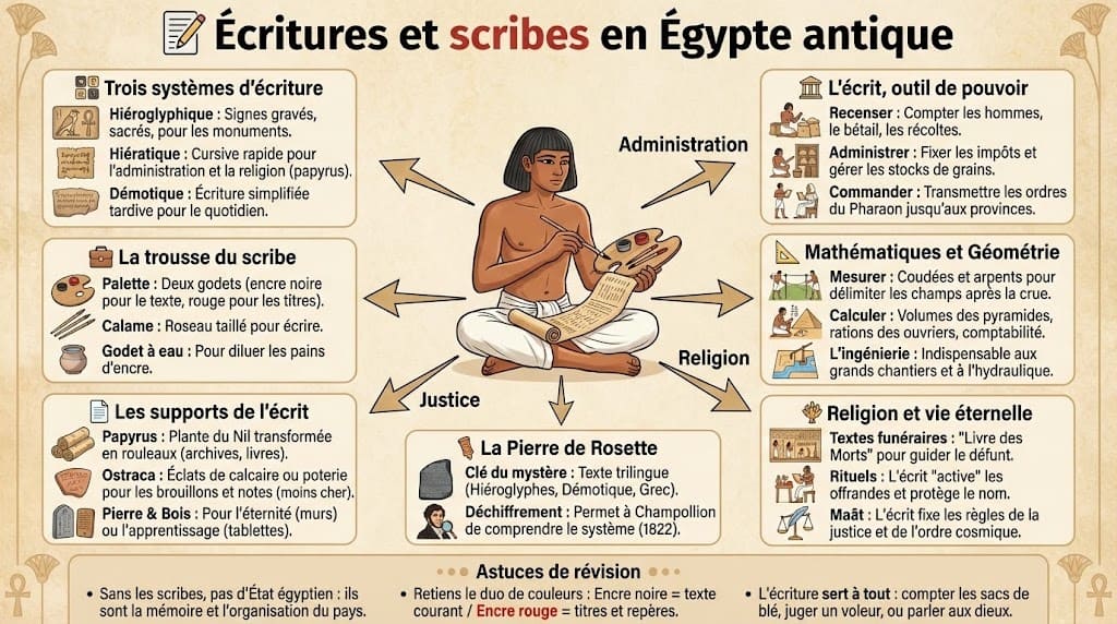 Présentation des différents systèmes d'écriture égyptiens (hiéroglyphes, hiératique, démotique) et illustration du rôle central du scribe avec son matériel (palette, calame, papyrus).