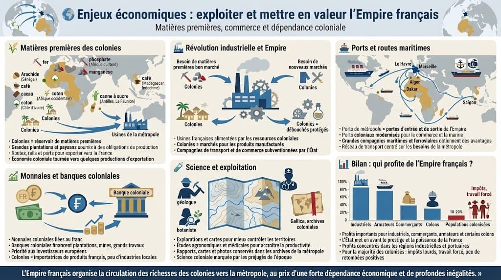 Infographie montrant le rôle des matières premières, des plantations, des mines, des ports et des banques dans l’exploitation économique de l’Empire colonial français au service de l’industrie de la métropole.