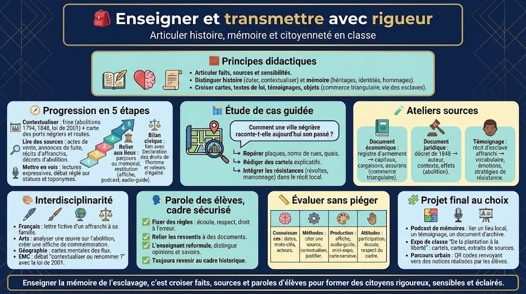 Infographie pédagogique proposant des principes didactiques, une progression en cinq étapes, des ateliers de sources, une étude de cas, des projets finaux et des critères d’évaluation pour enseigner la mémoire de l’esclavage.
