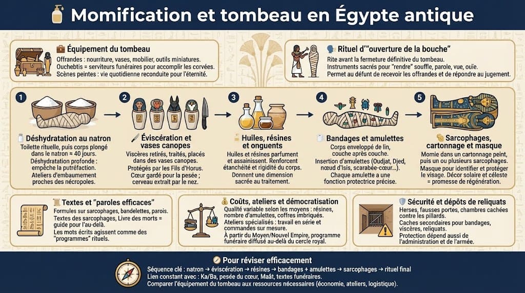 Schéma détaillant les étapes du processus de momification en Égypte antique (natron, bandelettes), les rituels associés (ouverture de la bouche) et le contenu d'un tombeau équipé pour l'au-delà.