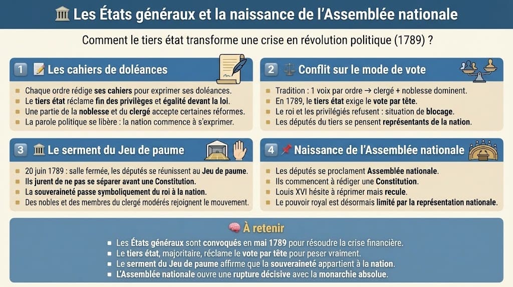 Infographie pédagogique sur le début de la Révolution en 1789. Elle illustre les cahiers de doléances, le conflit sur le vote par tête aux États généraux, le serment du Jeu de paume et la proclamation de l'Assemblée nationale, marquant le transfert de souveraineté du roi à la nation.
