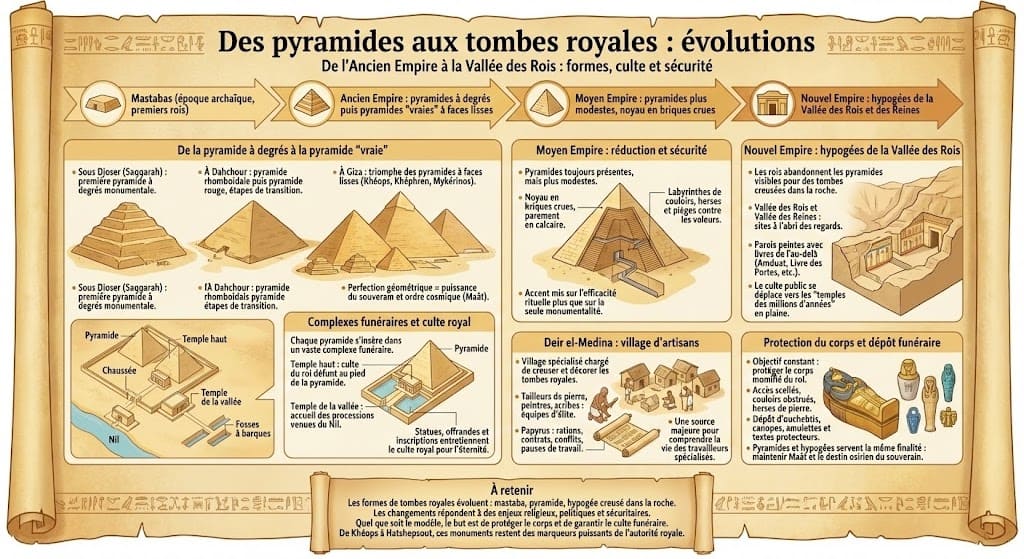 Infographie retraçant l’évolution des sépultures royales en Égypte antique, des mastabas et pyramides monumentales de l’Ancien Empire aux pyramides en briques du Moyen Empire, puis aux hypogées creusés de la Vallée des Rois, avec leurs enjeux religieux et sécuritaires.