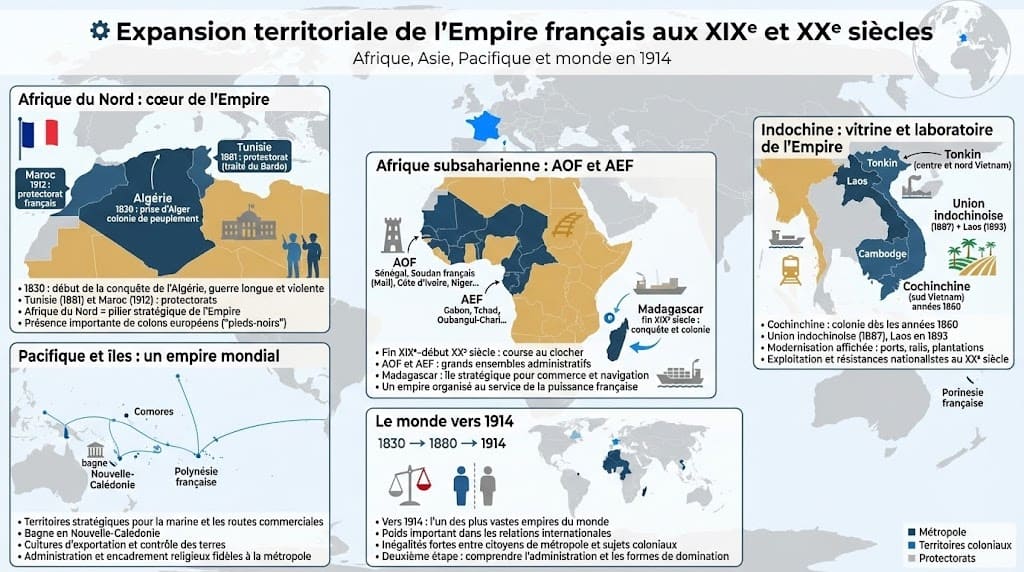 Infographie cartographique présentant l’expansion territoriale de l’Empire colonial français au XIXe et au début du XXe siècle, de l’Afrique du Nord à l’Afrique subsaharienne, à l’Indochine et au Pacifique.