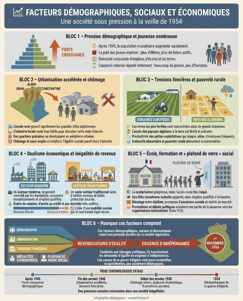 Infographie présentant la pression démographique, l’urbanisation rapide, les tensions foncières, le dualisme économique et le « plafond de verre » scolaire et social parmi les facteurs structurels qui préparent la guerre d’Algérie.
