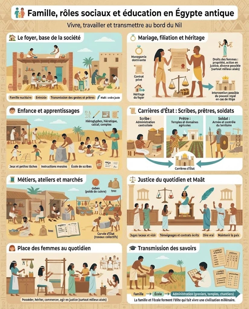 Infographie pédagogique illustrant la famille nucléaire, le mariage, les droits des femmes, l’enfance, les écoles de scribes et les rôles sociaux (scribes, prêtres, soldats) dans la société égyptienne antique.