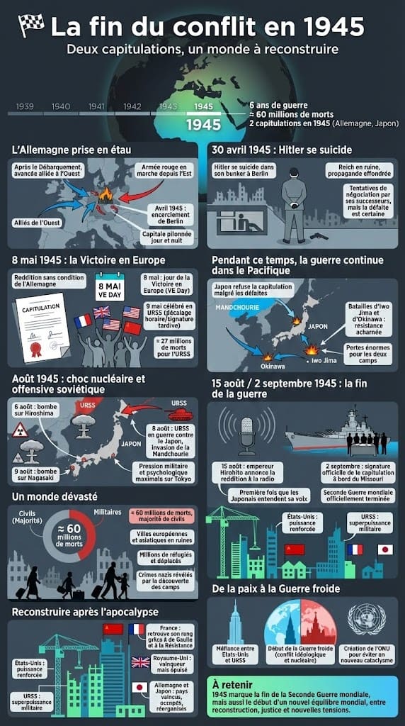 Frise chronologique de l’année 1945 : chute de Berlin, suicide d’Hitler, capitulation allemande du 8 mai et capitulation japonaise du 2 septembre.