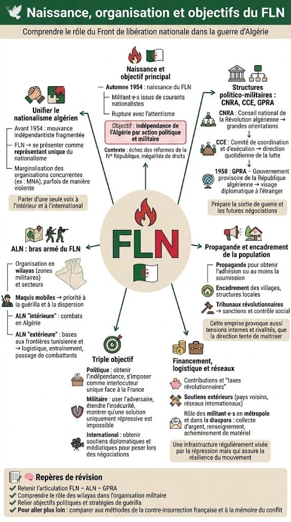 Infographie expliquant la création du FLN à l’automne 1954, son organisation politico-militaire (ALN, CNRA, CCE, GPRA) et ses objectifs d’indépendance et de contrôle de la lutte armée pendant la guerre d’Algérie.