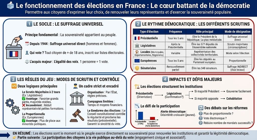 Infographie détaillant les élections en France. Elle présente le principe du suffrage universel, les différents types de scrutins (présidentiel, législatif, local, européen, sénatorial) et les modes de scrutin (majoritaire vs proportionnelle).
