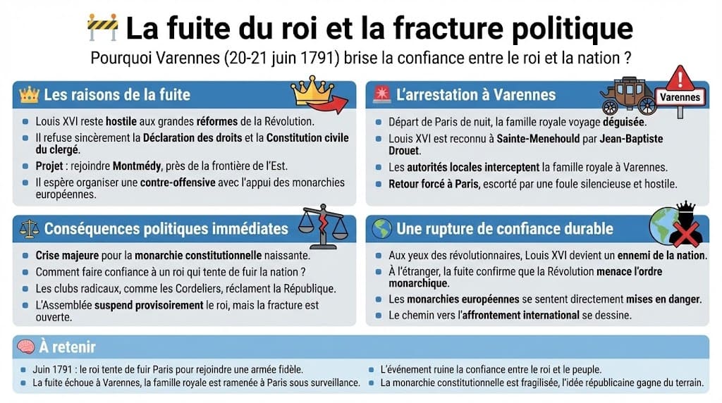 Infographie illustrant la tentative de fuite de Louis XVI en juin 1791. Elle détaille les raisons de son départ, son arrestation à Varennes, les conséquences politiques immédiates (suspension du roi) et la perte définitive de confiance qui fragilise la monarchie constitutionnelle.
