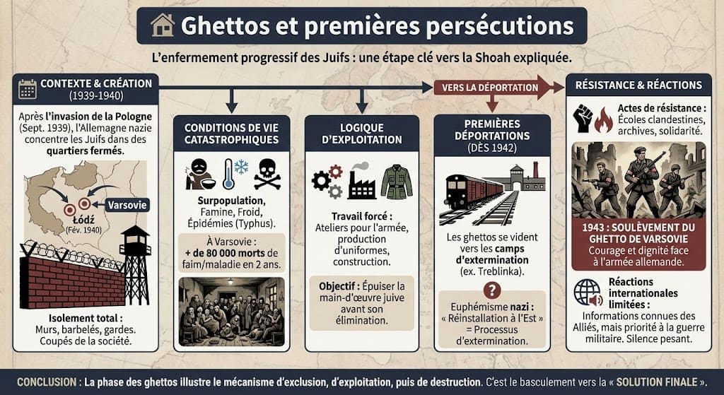 Infographie illustrant la création des ghettos en Pologne (Varsovie, Łódź), les conditions de vie (famine, maladies), la logique d'exploitation par le travail, et le soulèvement du ghetto de Varsovie.